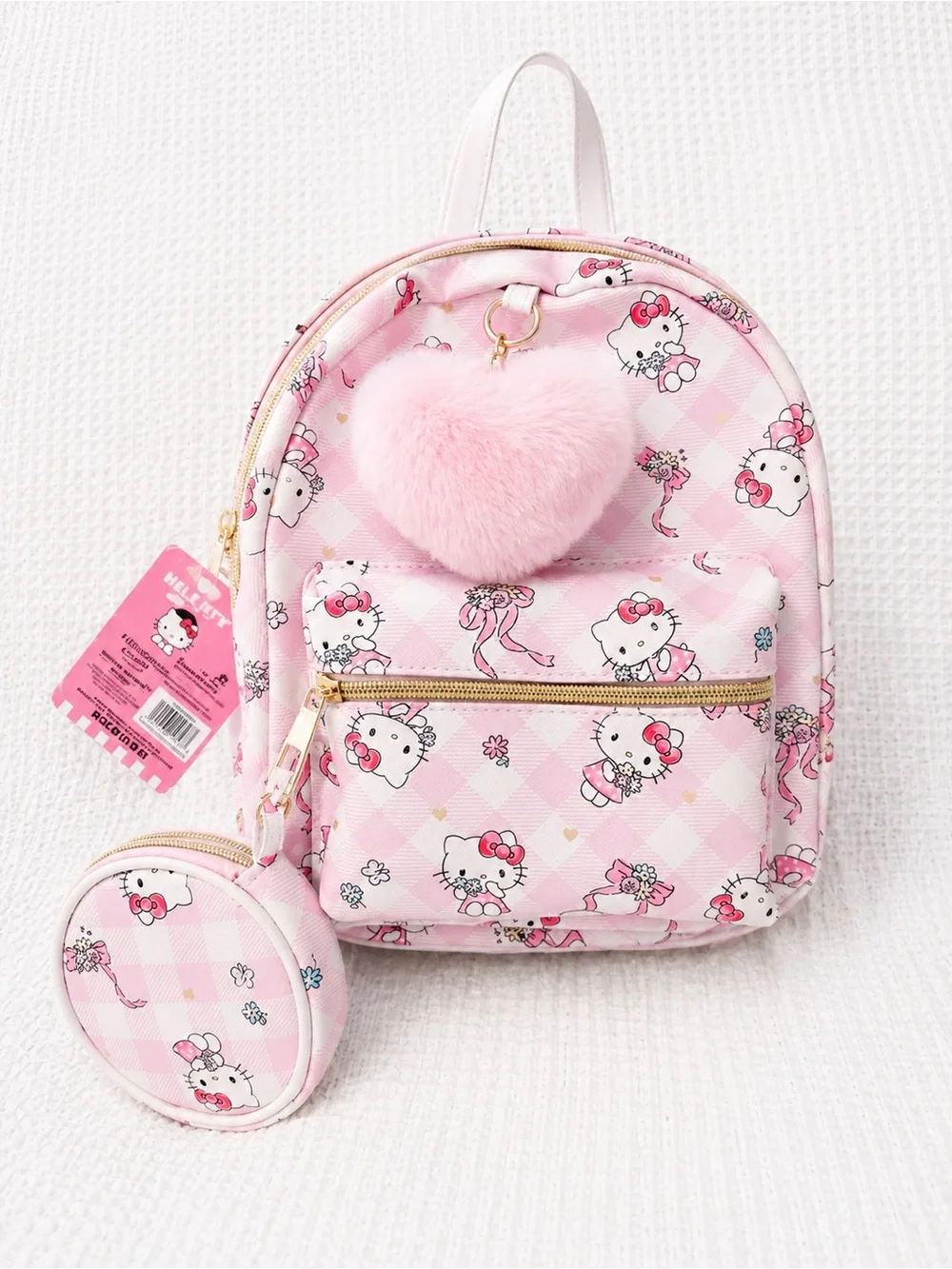 Hello Kitty Pink Gingham Mini Backpack with Fuzzy Heart Charm